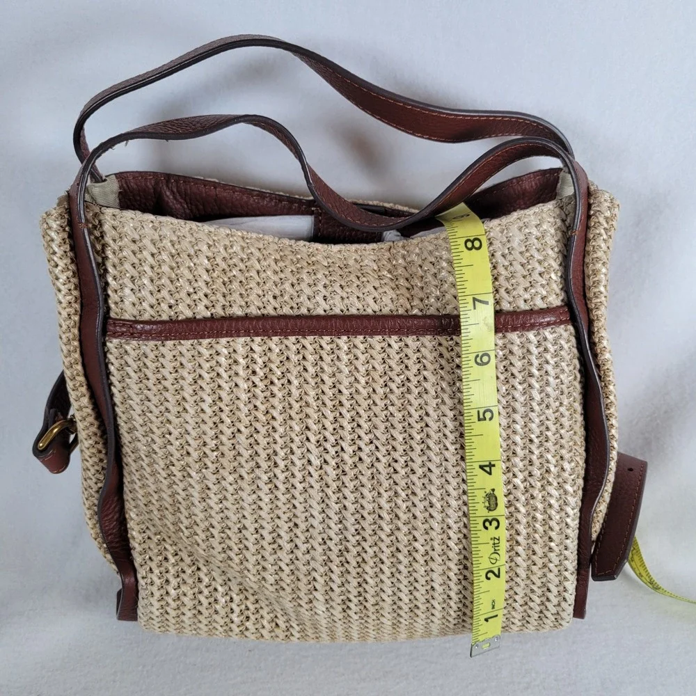 American Leather Co Womens Triple Entry Satchel Raffia Leather Bag Medium Tan
